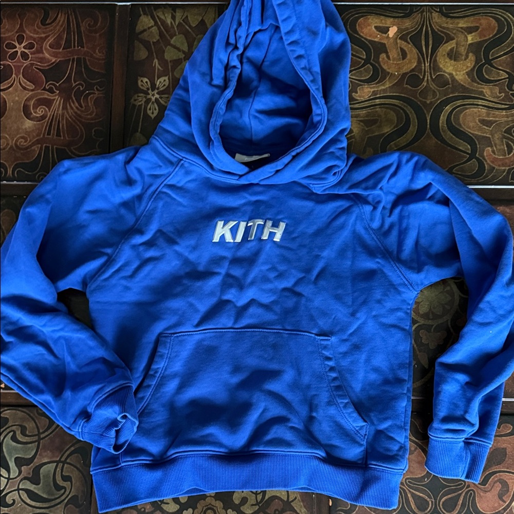 Kith Blue Pullover Hoodie with Chest Logo in silver